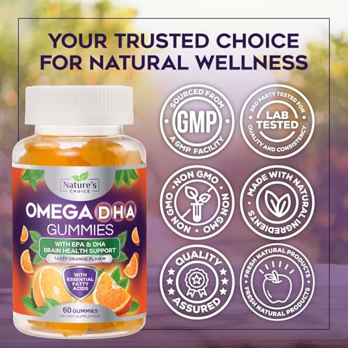 Omega 3 Fish Oil Gummies - Triple Strength Omega3 Gummy - DHA & EPA Fatty Acids for Heart Health, Joint & Brain Support, Nature's High Absorption Omega Fish Oil Supplement, Orange Flavor- 60 Gummies