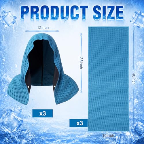 Honoson 12 Pcs Cooling Hoodie Towel Set, 6 Double-Layer Cooling Head Wrap & 6 Flat Ice Towels UPF 50+ Sun Protection Breathable Neck Face Towels Bulk for Hot Weather Sports Running(Blue)