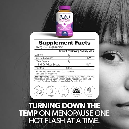 AZO Menopause Relief Daytime & Nighttime Gummy Bundle 120 Count | Estrogen-Free Formula, Clinically Studied Genistein Includes Melatonin for Sleep*, Perimenopause Support, Blackcurrant Flavor