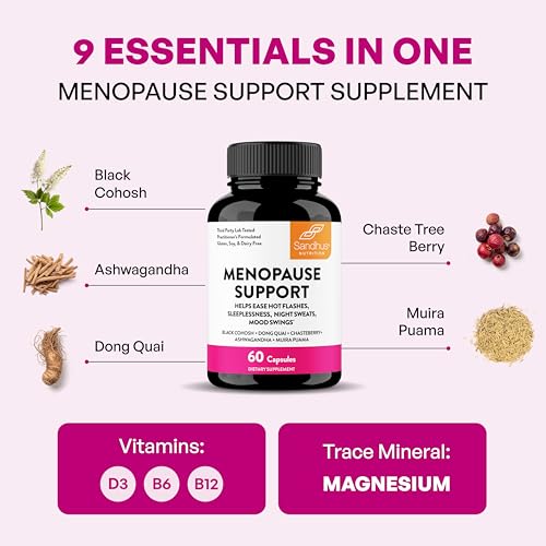 Menopause Support Supplements for Women, Black Cohosh Ashwagandha 60 Count | Vitamins D3, B6, B12, Magnesium, Dong Quai, Chaste Tree Berry, Gluten-Free Capsules, Made In USA Supplement By Sandhu's
