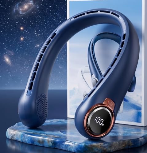 BNBZ Portable Neck Fan, 6000mAh Rechargeable Fan Blows Cold Air with LED Display, 4 Speeds, 20H Runtime, Quiet Wearable 360° Personal Cooling Fan for Outdoor Travel Work Gym,Fireplace Fans-Blue