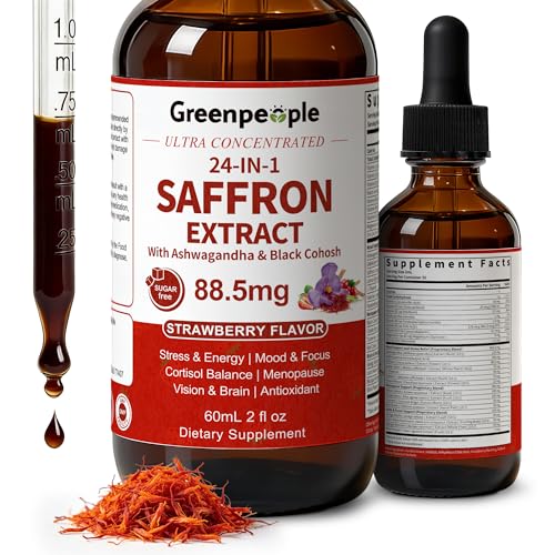 GREENPEOPLE Saffron Supplements for Women, 2 Oz Strawberry Vegan | 88.5 mg Saffron Extract Liquid Drops with Ashwagandha, Lion's Mane & Black Cohosh for Mood, Focus, Cortisol & Menopause