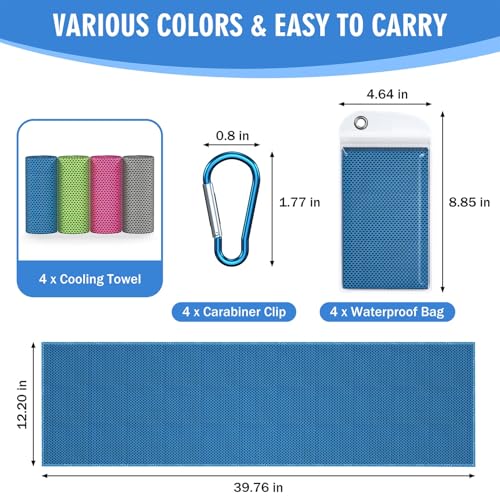 Hemndic 4 Pack Cooling Towels (40"x12"), Soft Breathable Cooling Towels for Neck and Face, Microfiber Workout Towels for Yoga, Golf, Running, Hiking & More Activities
