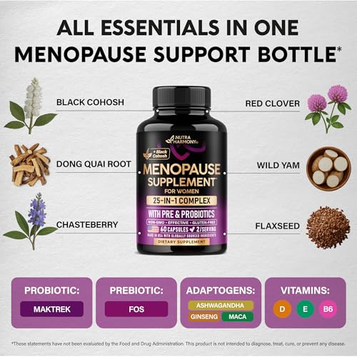 Menopause Supplements for Women - Black Cohosh, Pre & Probiotics - 60 Caps | Sweats & Hot Flashes Relief - Digestion, Sleep & Mood Support - 25in1 Complex - Dong Quai, Red Clover & Vitamins - Lab Tested