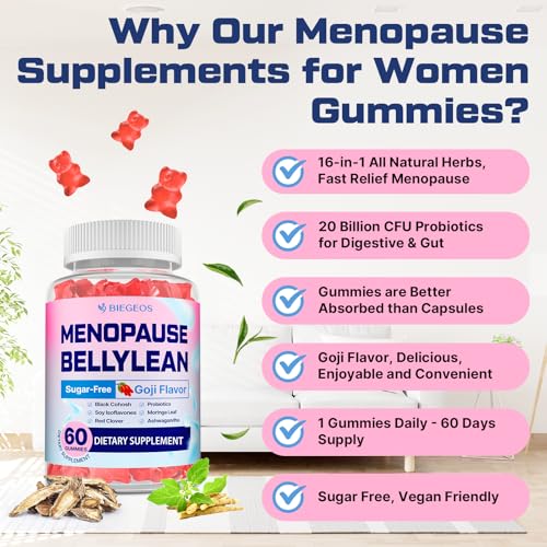 Menopause Supplements for Women, Hot Flashes & Night Sweats, 60-Day Supply | 16-in-1 Menopause Gummies, with Black Cohosh, Ashwagandha & Probiotic for Menopause Relief & Mood Balance, Goji Flavor