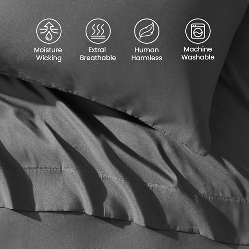 SLEEP ZONE Nanotex Süper Yumuşak Serinletici Kraliçe Boy Yatak Çarşaf Seti 4 Parça - Kolay Bakım Lastikli Çarşaf ve Yastık Kılıfı Seti - Kırışmaz, Solmaya Dayanıklı, Derin Cepli 40 cm (Gri, Kraliçe Boy)