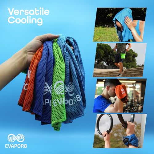 Evapor8 Cooling Towels with 2 Silicone Cases, 4 Pack, UPF 50 | Neck and face towel, snap-activated fabric for extreme heat, gym workouts, running, hiking, travel and beach days, 40” x 12”