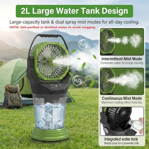 Portable Misting Fan with Remote, 2L Water Tank & 2 Spray Modes, 30000mAh Rechargeable Outdoor Cooling Fan, 4 Wind Speeds, 3 Timers, 120° Oscillation, RGB Lights & Flashlight for Camping Beach Patio