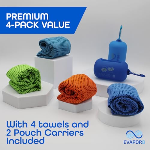 Evapor8 Cooling Towels with 2 Silicone Cases, 4 Pack, UPF 50 | Neck and face towel, snap-activated fabric for extreme heat, gym workouts, running, hiking, travel and beach days, 40” x 12”