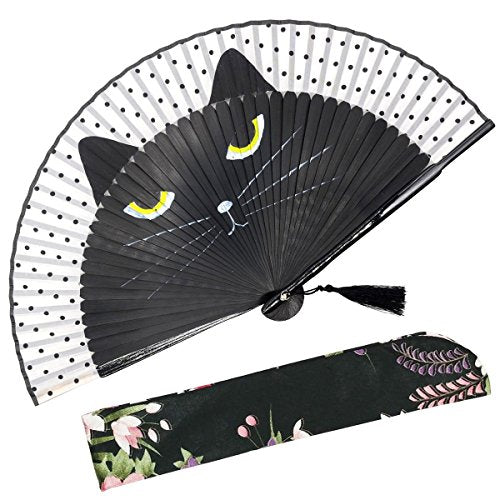 OMyTea Hand Fan Foldable for Women, Japanese Chinese Folding Fan, Black Cat