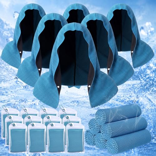 Honoson 12 Pcs Cooling Hoodie Towel Set, 6 Double-Layer Cooling Head Wrap & 6 Flat Ice Towels UPF 50+ Sun Protection Breathable Neck Face Towels Bulk for Hot Weather Sports Running(Blue)