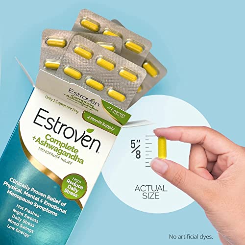 Estroven Complete + Ashwagandha Menopause Supplement for Women, 60 Count | Multi-Symptom Relief, Hot Flash & Night Sweats*, Perimenopause, Hormone-free, Drug-free Rhapontic Rhubarb, 1 Caplet Daily