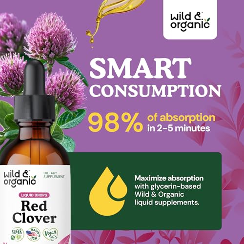 Wild & Organic Red Clover Herb Drops - Menopause Supplements Women - 2 oz | Women's Support - Red Clover Tincture - Add to Tea Herbal Drops - Liquid Blossoms Extract - No Sugar & Alcohol-Free