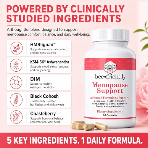 BeeFriendly® Menopause Supplements for Women, 60 Premium Capsules | Relief of Hot Flashes & Night Sweats, DIM, Black Cohosh, Ashwagandha KSM-66, Hormonal Balance Support