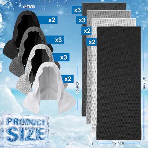 Honoson 20pcs 20Pcs Cooling Hood Towel,Dark Gray, Light Gray, White, Black | 12x25Inch Hoodie Towel Bulk for Neck Face 40x12 Inch Quick Dry Sweat Towels Instant Ice Cold Towel for Hot Weather Yoga Gym