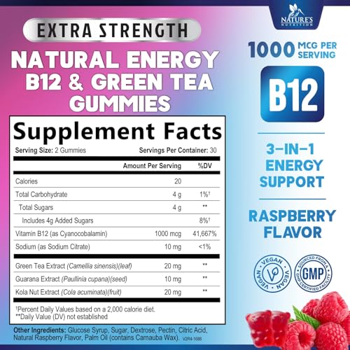 Energy Gummies - Vitamin B12 1000mcg - 3X Clean Energy & Focus Gummy with Natural Caffeine from Green Tea - Berry Flavored Pre Workout Exercise Supplement for Running Cycling & Sports - 60 Gummies