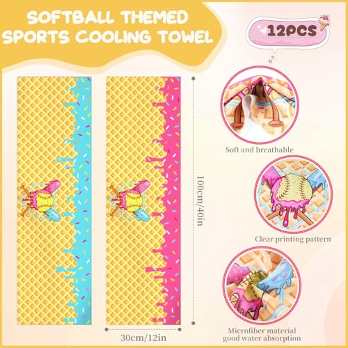 12 Pcs 40"x12" Softball Ice Cream Drip Cooling Towels | Sweat Absorbent Cooling Towels for Coach & Team Gifts, Youth Sports, Gym, Beach, Pool & Hot Weather Party Favors