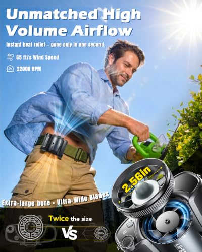 Portable Waist Fan with Clip-On Wearable Belt Design, Black | 10000mAh Rechargeable Battery, 360° Air Tube, 22000 RPM, Flashlight and Desk Stand for Outdoor Work, Golf, Camping and Travel
