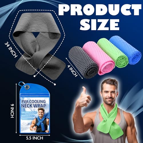 Peryiter 4 Pcs Cooling Towel PVA Cooling Neck Wraps Instant for Neck 34x4 in Long Lasting Reusable Breathable Chilly Towel for Yoga Sport Running Gym Workout Camping Fitness(Blue,Green,Red,Grey)