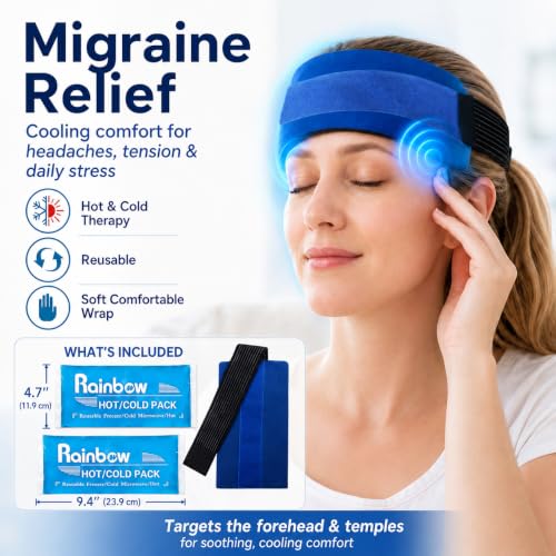 Headache Ice Pack Wrap with Strap, Reusable Gel Ice Pack for Injuries, Hot Cold Pack for Head Neck Knee Arms, 2 Flexible Gel Pack for Headache Relief, Migraine, Fever, Joint Pain, Muscle Soreness