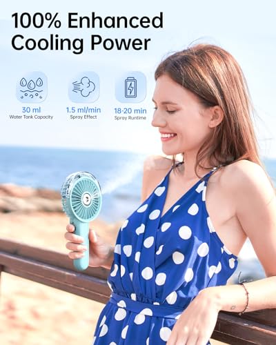 SWEETFULL Portable Misting Fan - 180° Foldable Handheld Personal Fan with Mist Spray, 3 Speeds, 30ml Water Tank, USB Rechargeable - Ideal for Travel, Outdoors, Makeup, Camping, Home, and Office Use