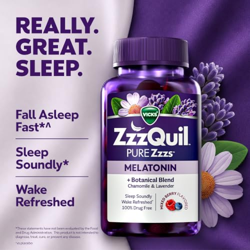 ZzzQuil, Saf Zzzs Melatonin Sakızları, Uyku Yardımcısı, 2 mg Melatonin, Papatya ve Lavanta Özlü, Melatonin Uyku Sakızları, Yetişkinler İçin Uyku Yardımcıları, Yaban Mersini Vanilya Aromalı, 72 Uyku Sakızı