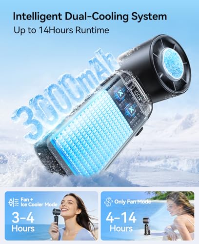 KIMMOO Handheld Portable Turbo Fan with Ice Cooler, Powerful 21000 RPM, Speed (1-199), Up to 14Hrs Cooling, Rechargeable Personal Fan, Small Pocket Hand Fans for Travel/Outdoor/Home/Office (Black)