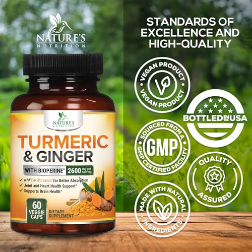 Turmeric Curcumin Supplement 2600mg with Organic Turmeric & Ginger - 95% Curcuminoids & BioPerine Black Pepper Extract for Best Absorption - Natural Vegan Joint Support, Bottled in USA - 60 Capsules