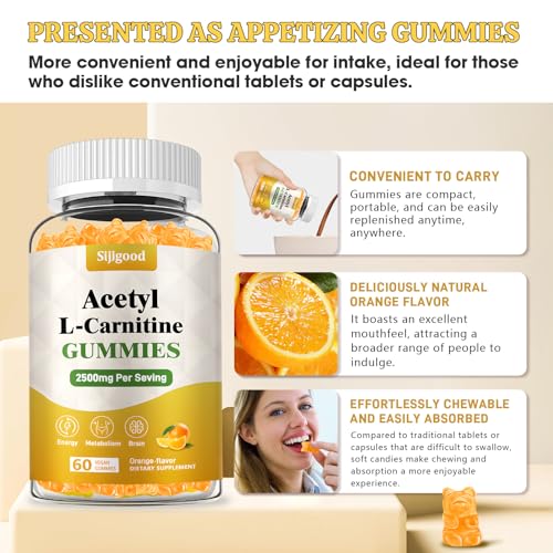 Acetyl L-Carnitine Supplement, Natural Nutrition Supplement for Boost Energy, Immunity, Vegan, Orange Flavor, 60 Count