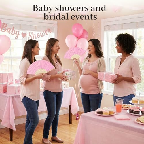 JOHOUSE 12 PCS Pink Foldable Hand Fan, 8.3 Inch Paper Fans for Women | Wedding Baby Shower Princess Theme Party Decorations, Party Bachelorette Engagement, DIY Crafts Photography Props