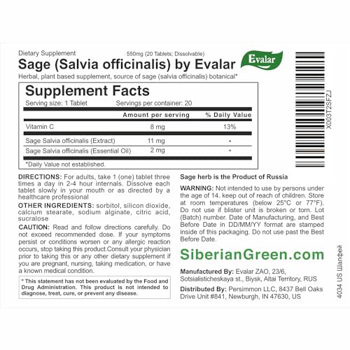 Sage Salvia officinalis Herb Dissolvable 20 Tabs