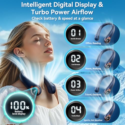 BNBZ Portable Neck Fan, 6000mAh Rechargeable Fan Blows Cold Air with LED Display, 4 Speeds, 20H Runtime, Quiet Wearable 360° Personal Cooling Fan for Outdoor Travel Work Gym,Fireplace Fans-Blue