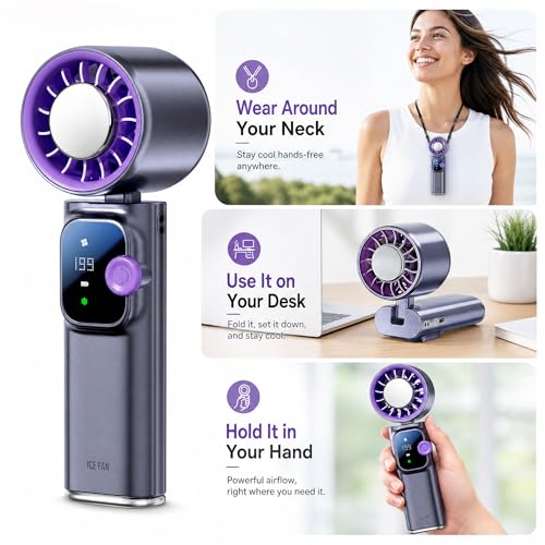 Portable Handheld Fan with Ice Cooling Personal Rechargeable Mini Neck Fan | 199-Speed 20000RPM 4000mAh Battery Powered up to 15hrs, LED Display Foldable & Hangable for Travel, Camping & Outdoor, Purple