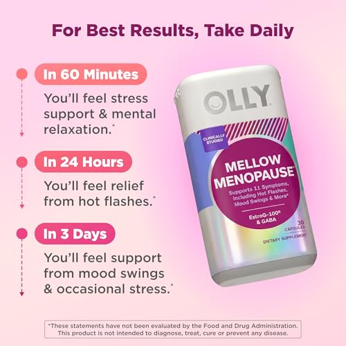 OLLY Mellow Menopause Supplements, Supports 11 Symptoms* - 30 Count