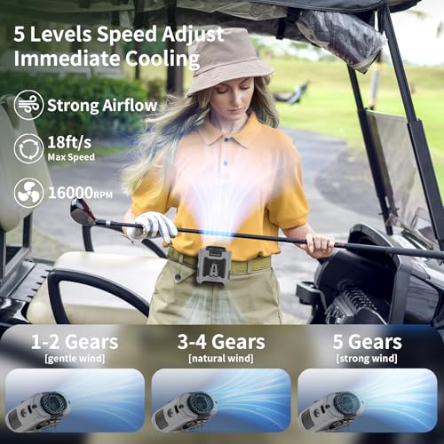 Socool 10000mAh Portable Waist Fan Clip on Wearable Belt Personal Fan Rechargeable Battery operated With 5 Speeds & Flashlight Neck Hands-Free 40H Cooling For Outdoor Camping Travel (Gray）