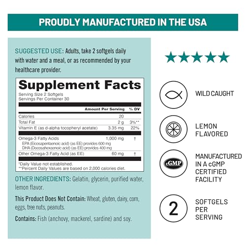 NatureWise Extra-Strength Omega 3 Fish Oil Supplement - 1000mg per Serving - 600 EPA & 400 DHA and Vitamin E - Sustainably Sourced Fish Oil - Lemon Flavor - 60 Softgels[1-Month Supply]
