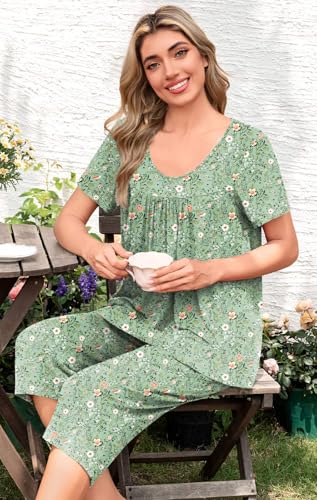POPYOUNG Pajamas for Women Set 2 Piece Summer Lounge Capri Pj Sleepwear