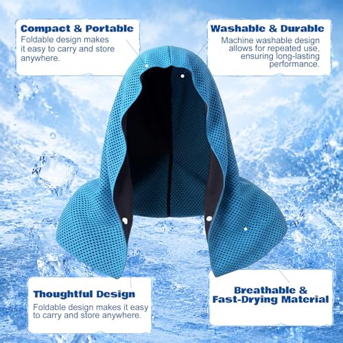 Honoson 12 Pcs Cooling Hoodie Towel Set, 6 Double-Layer Cooling Head Wrap & 6 Flat Ice Towels UPF 50+ Sun Protection Breathable Neck Face Towels Bulk for Hot Weather Sports Running(Blue)