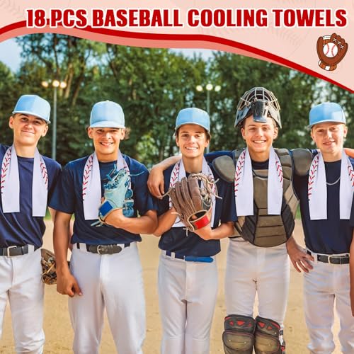 18 Pcs Cooling Towels 40"x12", White, Baseball | Baseball Cooling Towels, Baseball Swag Bag Stuffers, Team Gifts Bulk, Cool Rags for Extreme Heat Sport Training