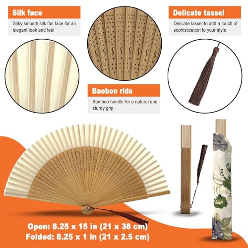 Hand Fan for Women Foldable - Folding Chinese Japanese Vintage Bamboo Silk Fan - Ideal for Hot Flashes, Church, EDM, Festivals, Dancing and Gifts (Bamboo-White)