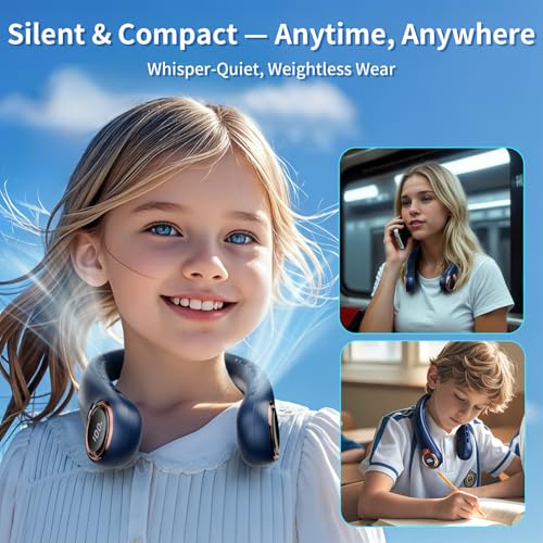 BNBZ Portable Neck Fan, 6000mAh Rechargeable Fan Blows Cold Air with LED Display, 4 Speeds, 20H Runtime, Quiet Wearable 360° Personal Cooling Fan for Outdoor Travel Work Gym,Fireplace Fans-Blue