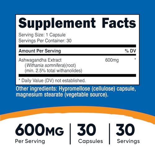 Nutricost Ashwagandha Root Extract Herbal Supplement 600mg, 30 Capsules - Vegetarian, GMO-Free, Gluten Free