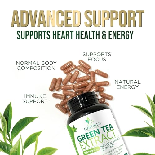 Green Tea Extract 1000mg - Premium Green Tea Extract Pills with 45% EGCG, 98% Polyphenols for Natural Energy - Nature's Antioxidant Herbal Heart Support Supplement, Bottled in USA - 60 Capsules