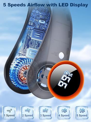 3 Motors Neck Fan, Neck Fans That Blow Cold Air, 360° Cooling, LED Display, 5 Speeds Powerful Wind, 5000mAh Rechargeable Battery, Hands-Free Wearable Personal Neck Cooler, Gift for Kid Men Women