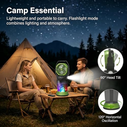 Portable Misting Fan with Remote, 2L Water Tank & 2 Spray Modes, 30000mAh Rechargeable Outdoor Cooling Fan, 4 Wind Speeds, 3 Timers, 120° Oscillation, RGB Lights & Flashlight for Camping Beach Patio