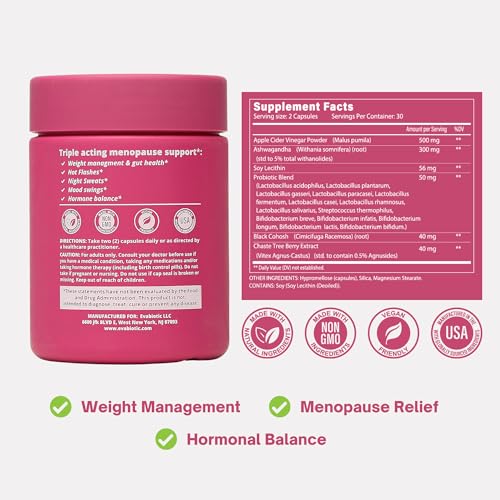 Complete Menopause Vitamins and Weight Management Supplements for Women | Ashwaghanda Probiotics ACV for Weight Management Hot Flashes Night Sweats Bloat, Hormone Balance Vegan 60 Caps Non-GMO
