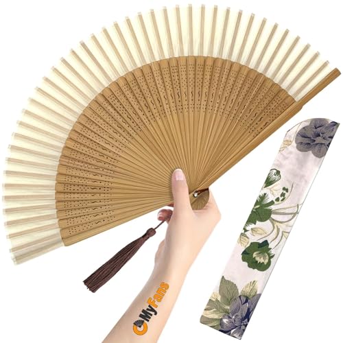 Hand Fan for Women Foldable - Folding Chinese Japanese Vintage Bamboo Silk Fan - Ideal for Hot Flashes, Church, EDM, Festivals, Dancing and Gifts (Bamboo-White)