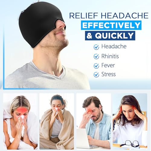 Migraine Relief Cap, Headache Relief Hat for Migraine Cap, Hot and Cold Therapy, Headache Eyes Mask for Stress Relief, Ice Pack Head Wrap for Sinus, Puffy Eyes, Tension,Black
