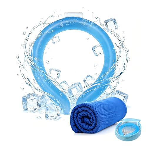 1 Sets Cooling Towel (Towel Color Random)+Cooling Neck Ring – Reusable PCM Cooling Ring Stays ~64°F for 60-120 Min, Quick Dry Microfiber Towel, Insulated Storage Bag for Family Outdoor Sports Hiking