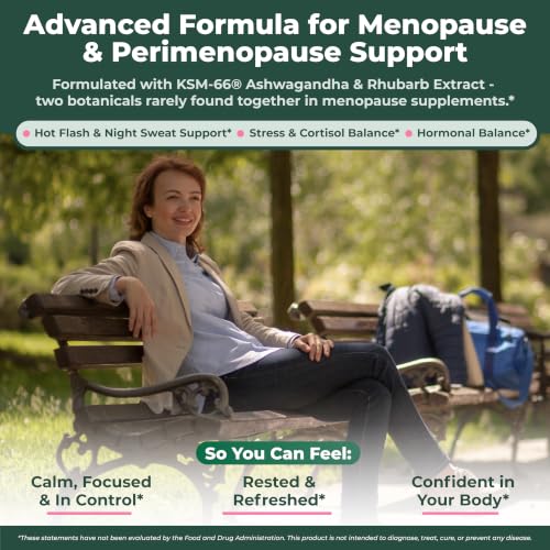 PurePremium Menopause Supplements for Women with KSM-66® Ashwagandha | Rhubarb Extract & Black Cohosh - Hot Flashes, Night Sweats, Perimenopause Support - Hormone Balance & Cortisol Support - 60ct